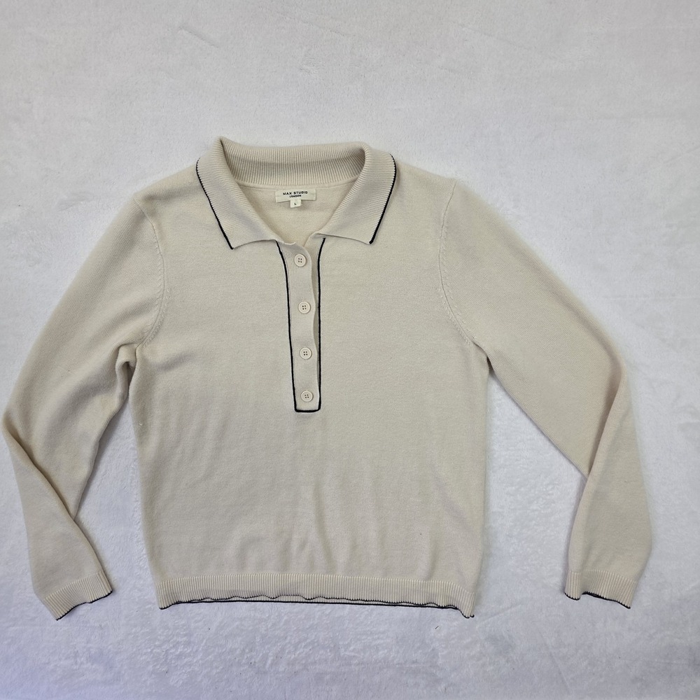 Max Studio London Sweater Polo Womens Large Cream Knit Minimalist Quiet Luxury P